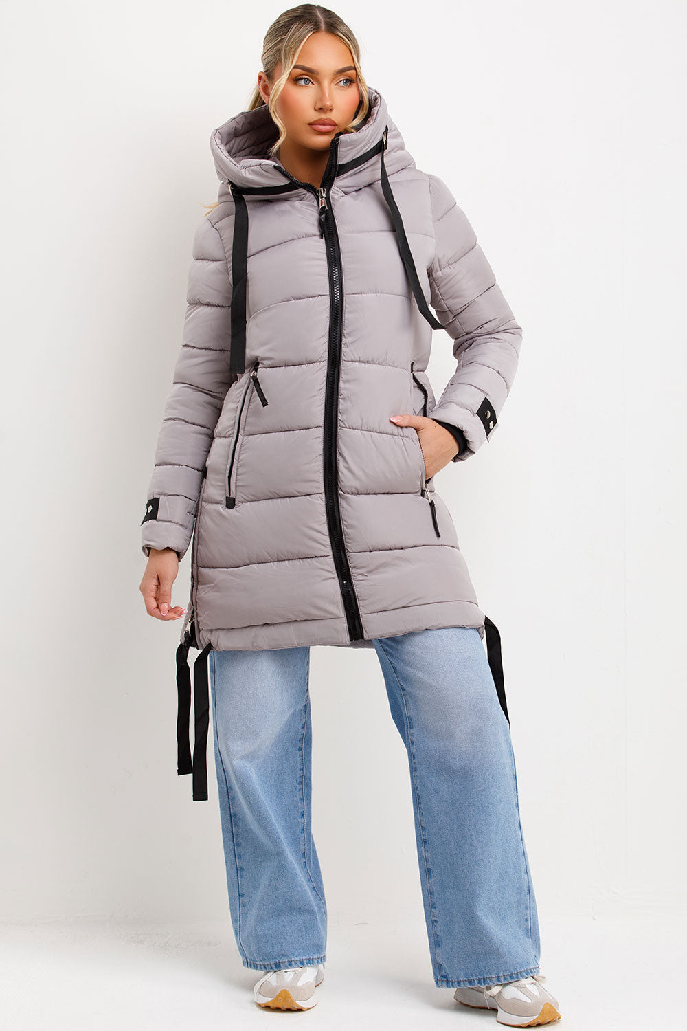 Long Puffer Coat With Hood And Side Straps Grey