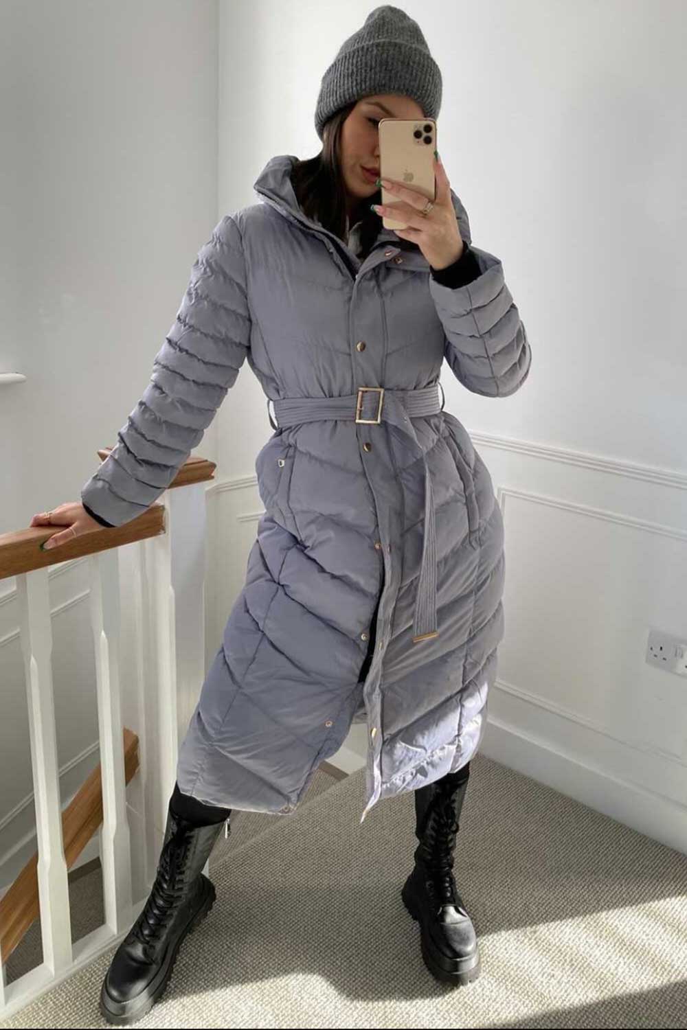 Long Puffer Down Coat With Belt Grey