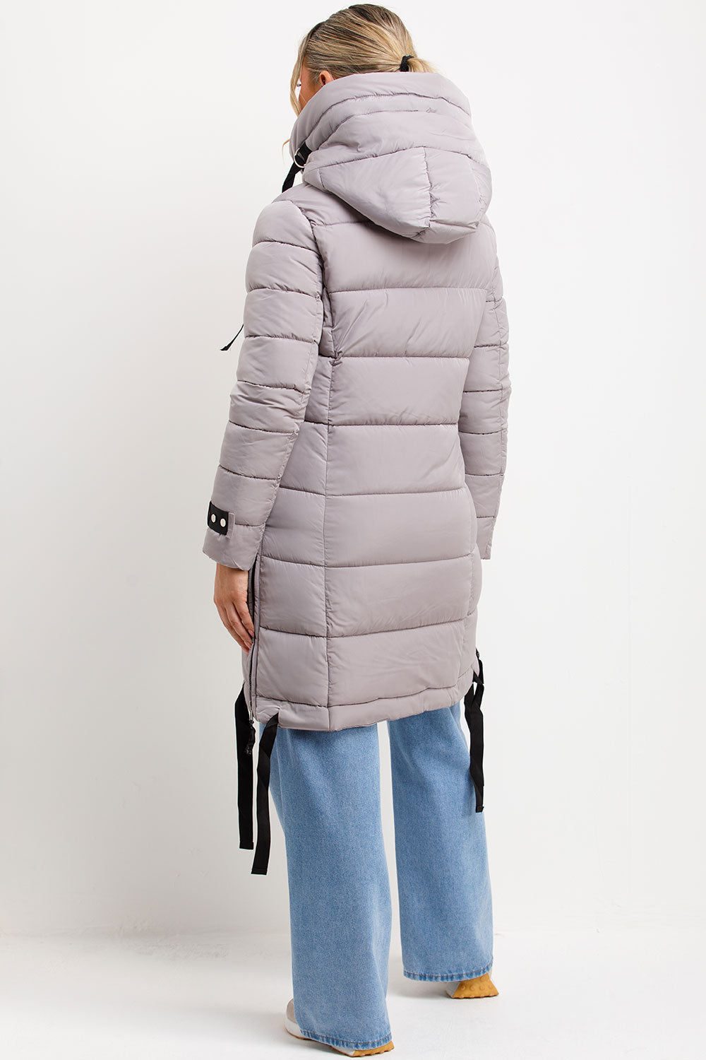 Long Puffer Coat With Hood And Side Straps Grey