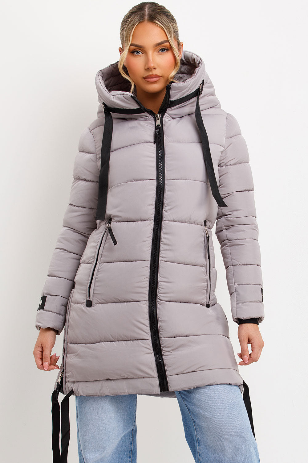 Long Puffer Coat With Hood And Side Straps Grey