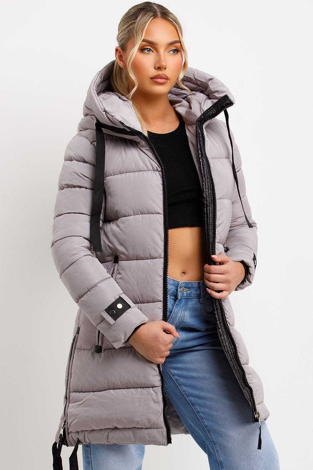 Long Puffer Coat With Hood And Side Straps Grey