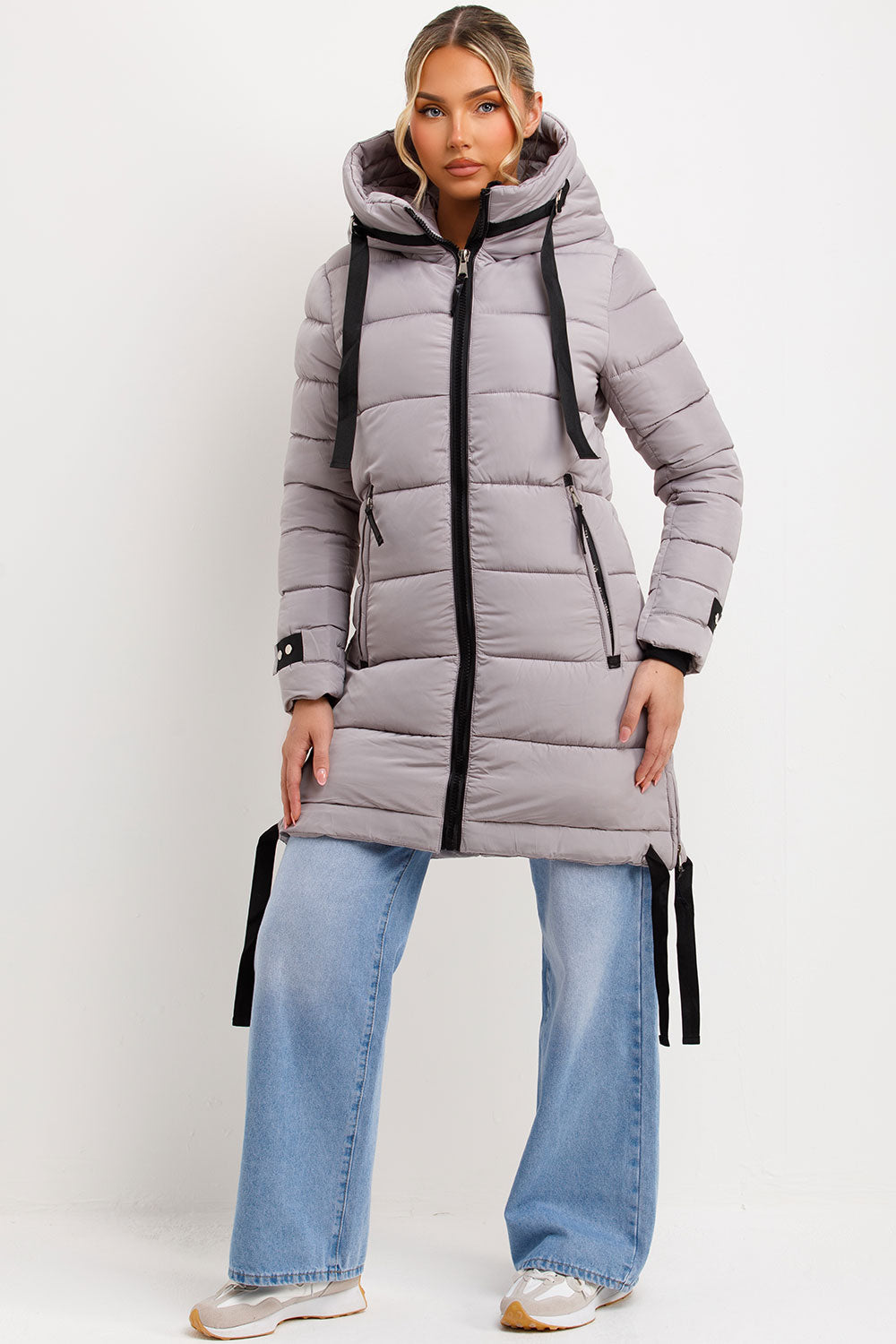 Long Puffer Coat With Hood And Side Straps Grey