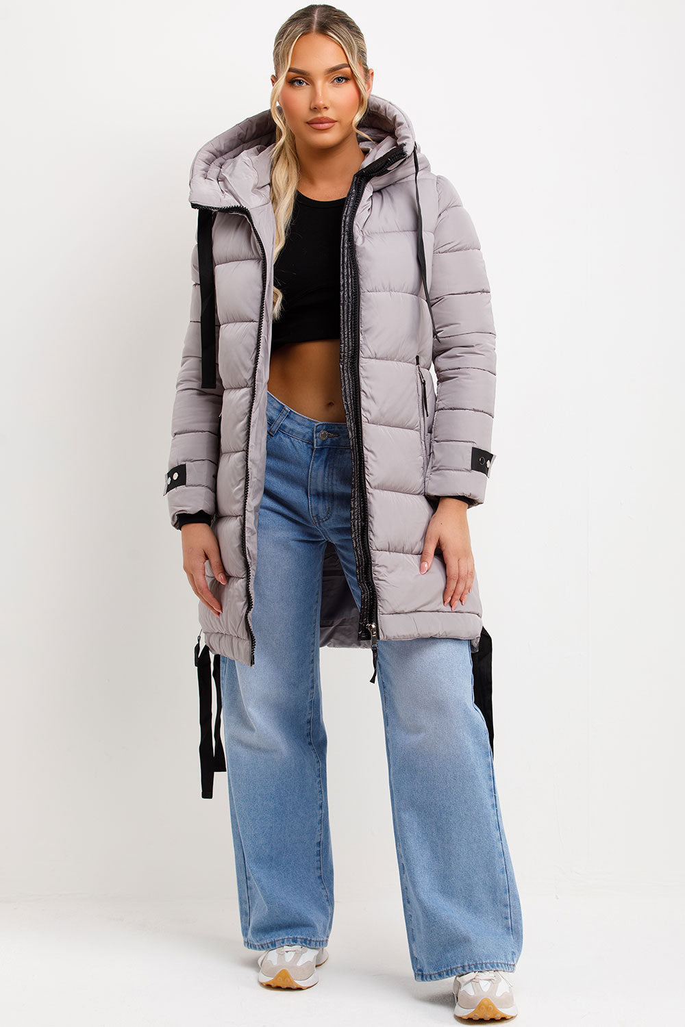 Long Puffer Coat With Hood And Side Straps Grey