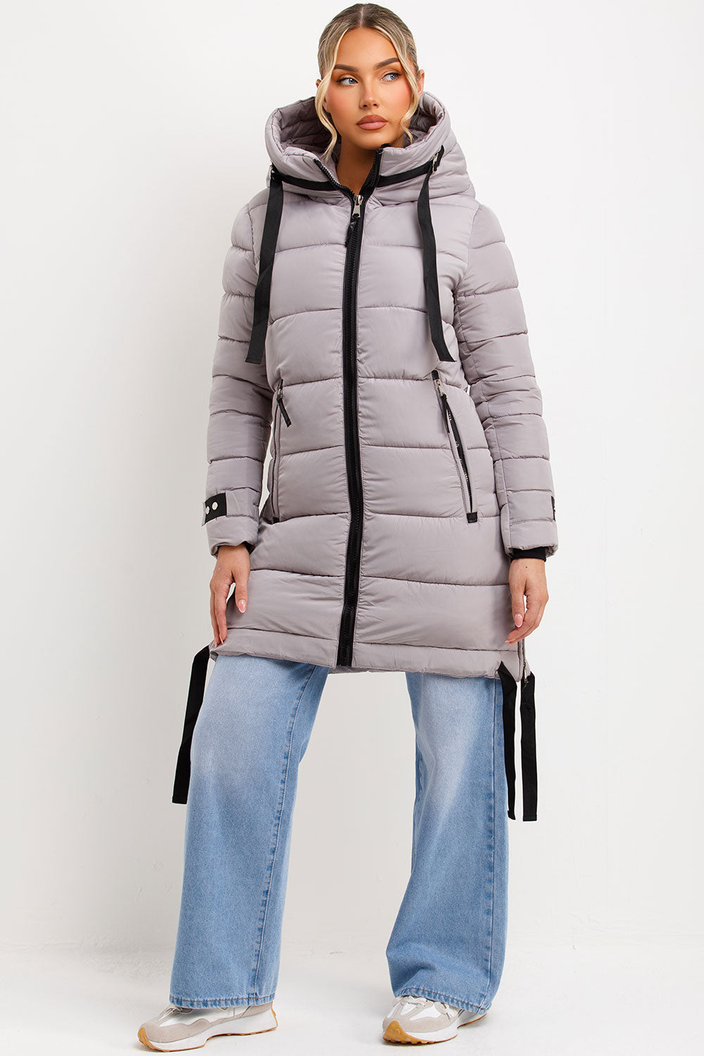 Long Puffer Coat With Hood And Side Straps Grey