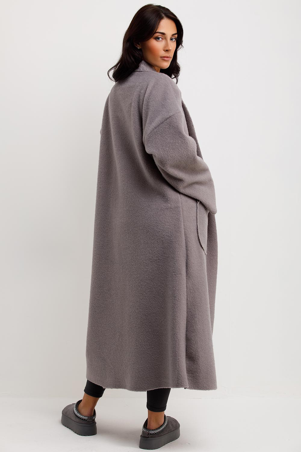 Longline Oversized Wool Look Coat With Pockets Grey