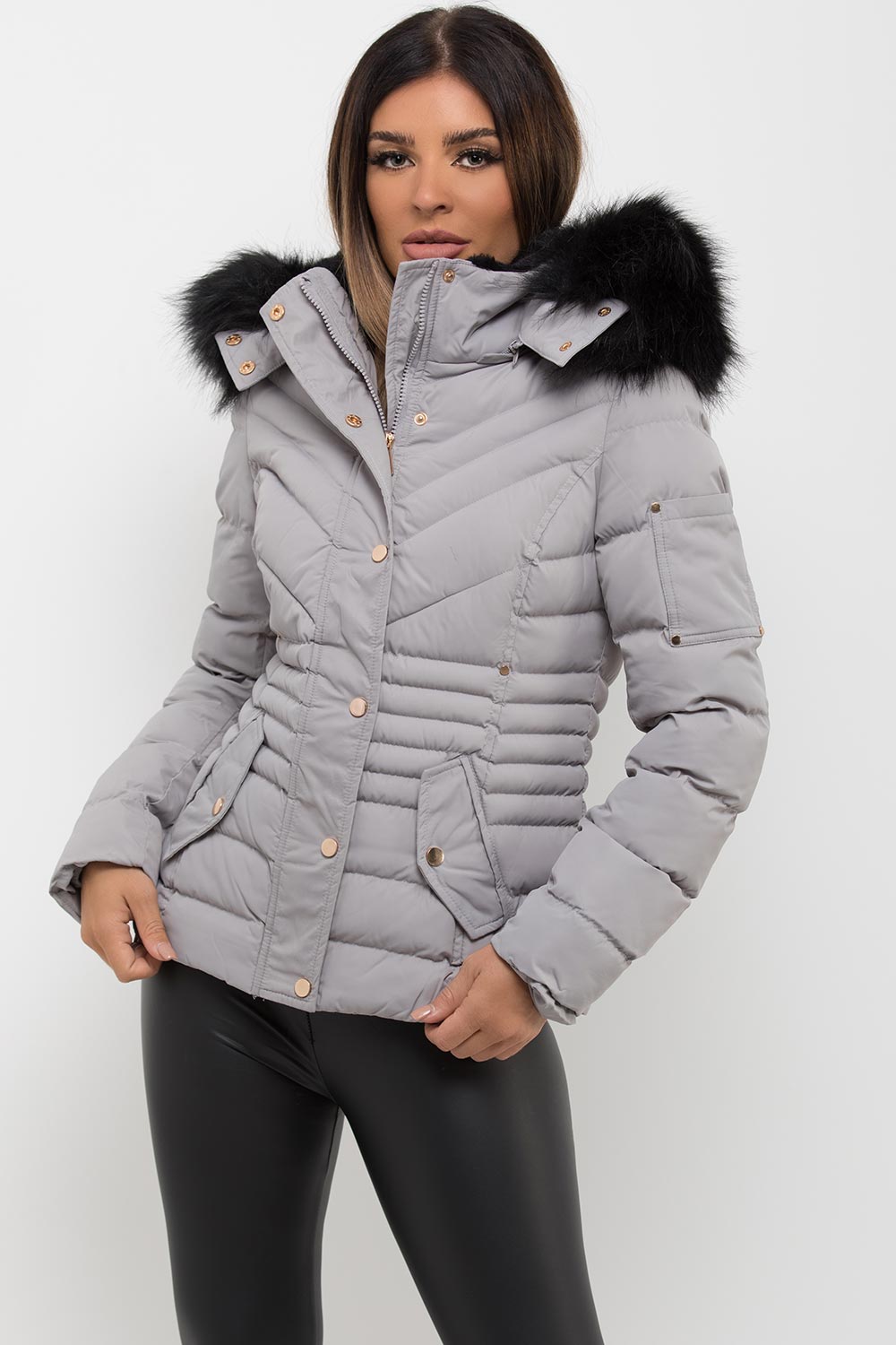 Grey Puffer Coat With Fur Hood