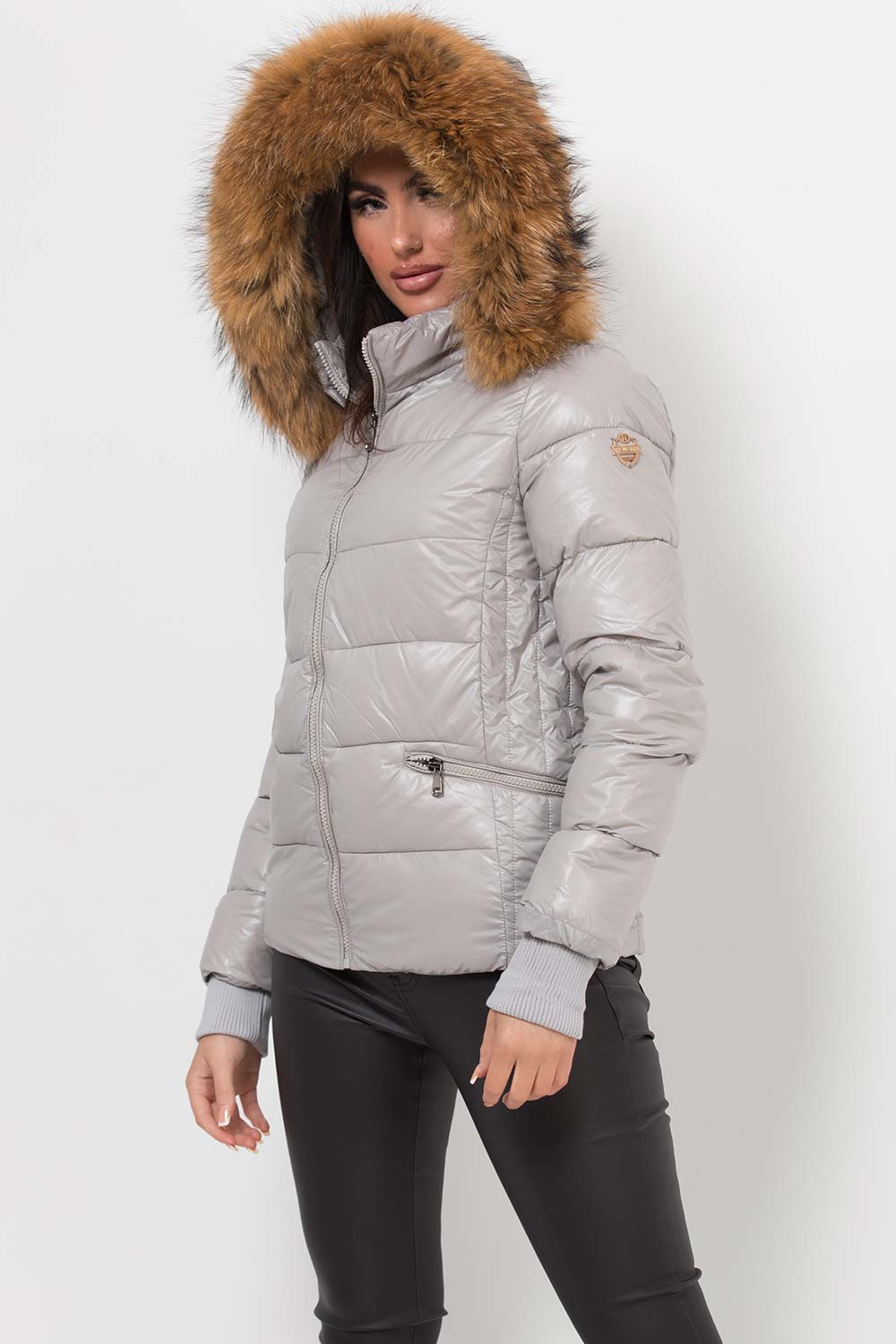 Puffer Jacket With Real Fur Hood Grey