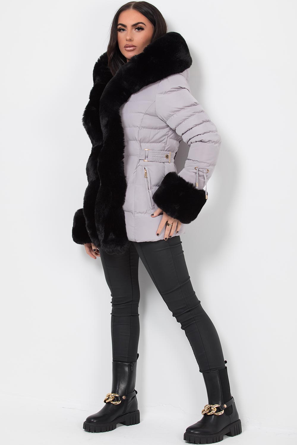 Grey Puffer Coat With Faux Fur Hood And Cuff