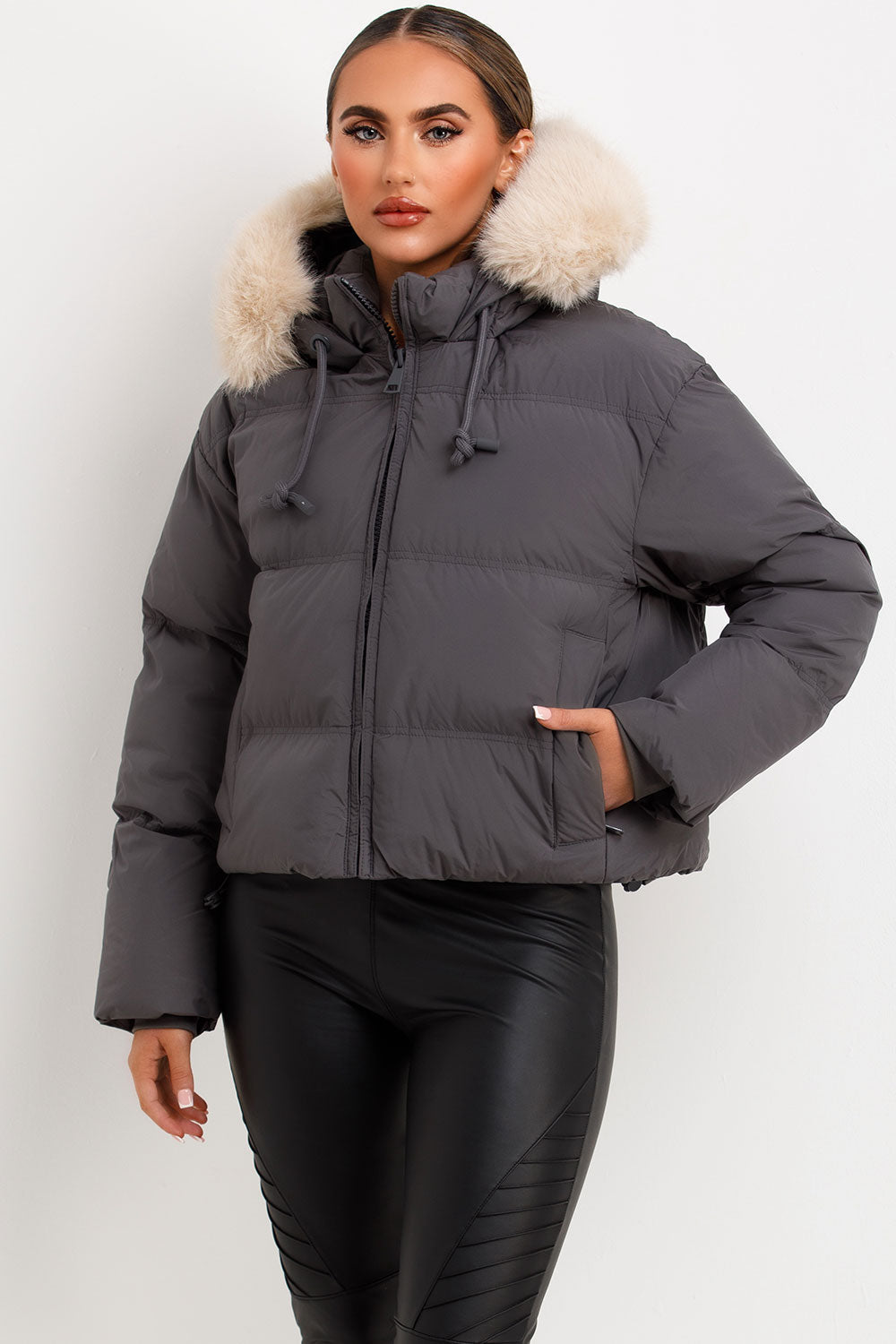 Grey Puffer Jacket With Faux Fur Hood