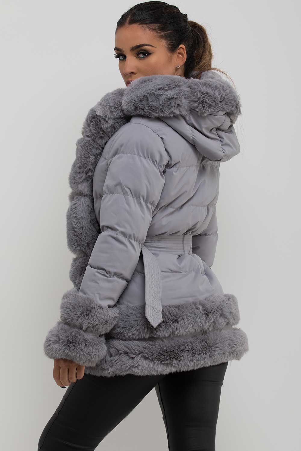 Puffer Jacket With Fur Hood Cuff And Trim Grey