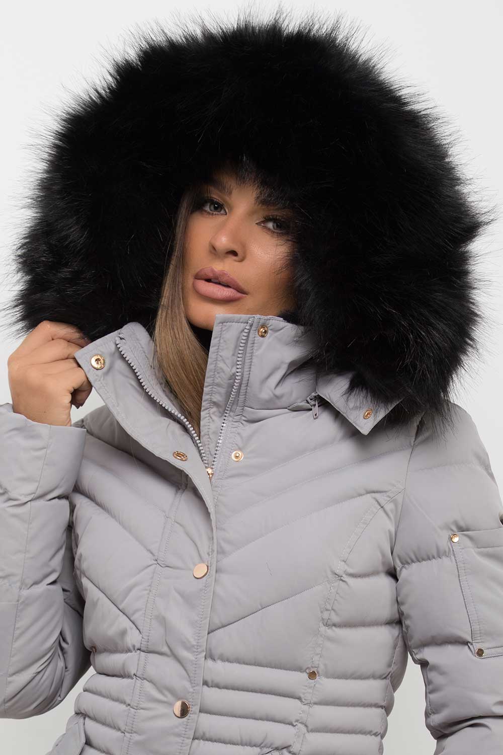 Grey Puffer Coat With Fur Hood