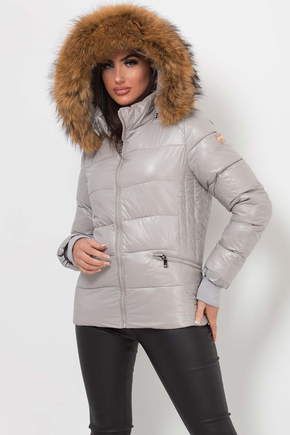 Puffer Jacket With Real Fur Hood Grey