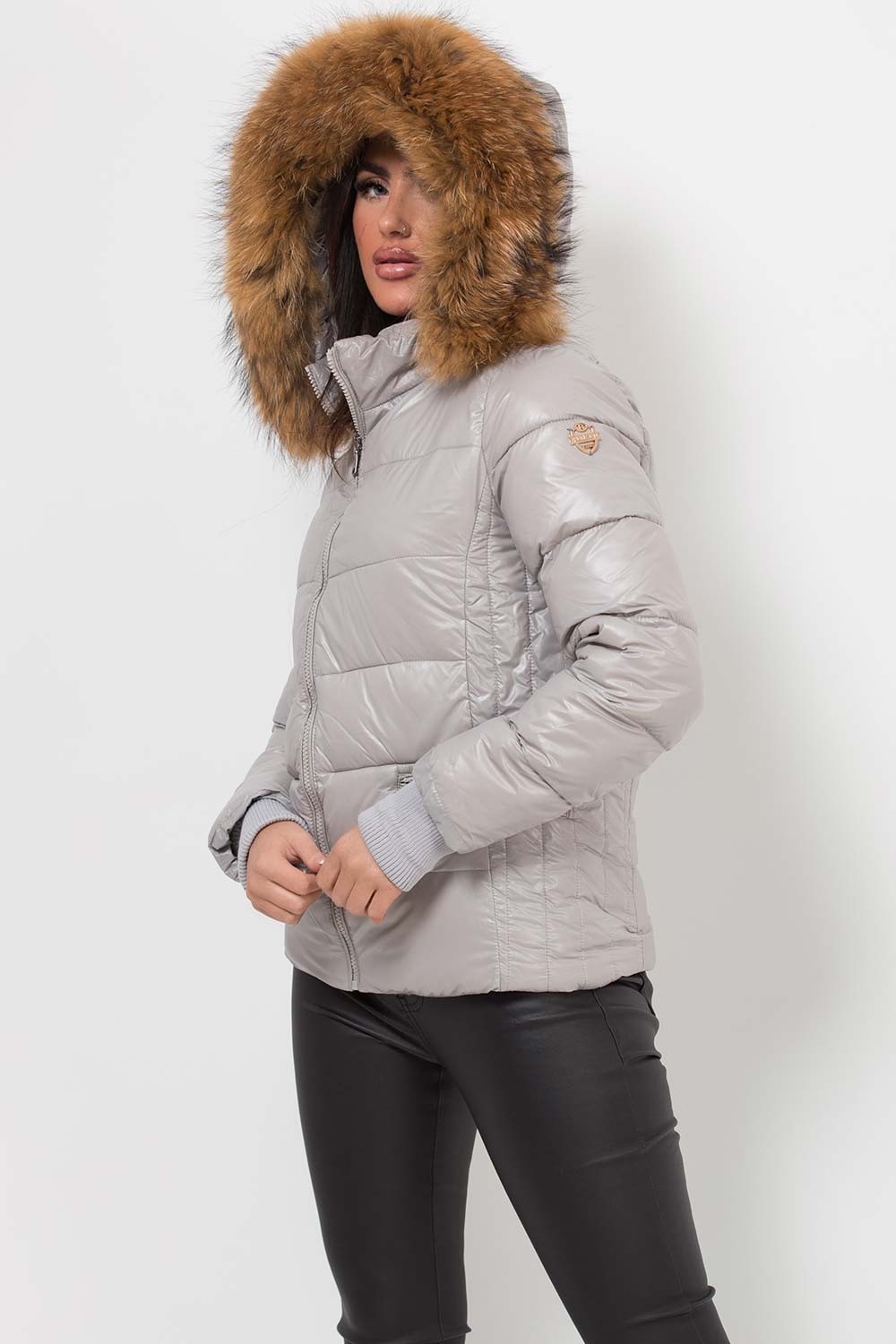 Puffer Jacket With Real Fur Hood Grey