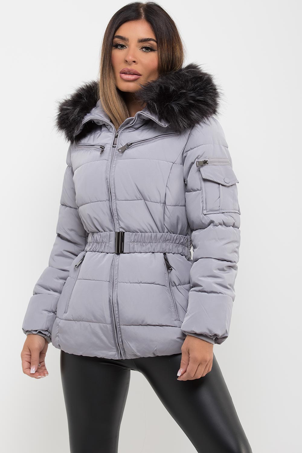 Grey Faux Fur Hooded Jacket With Belt