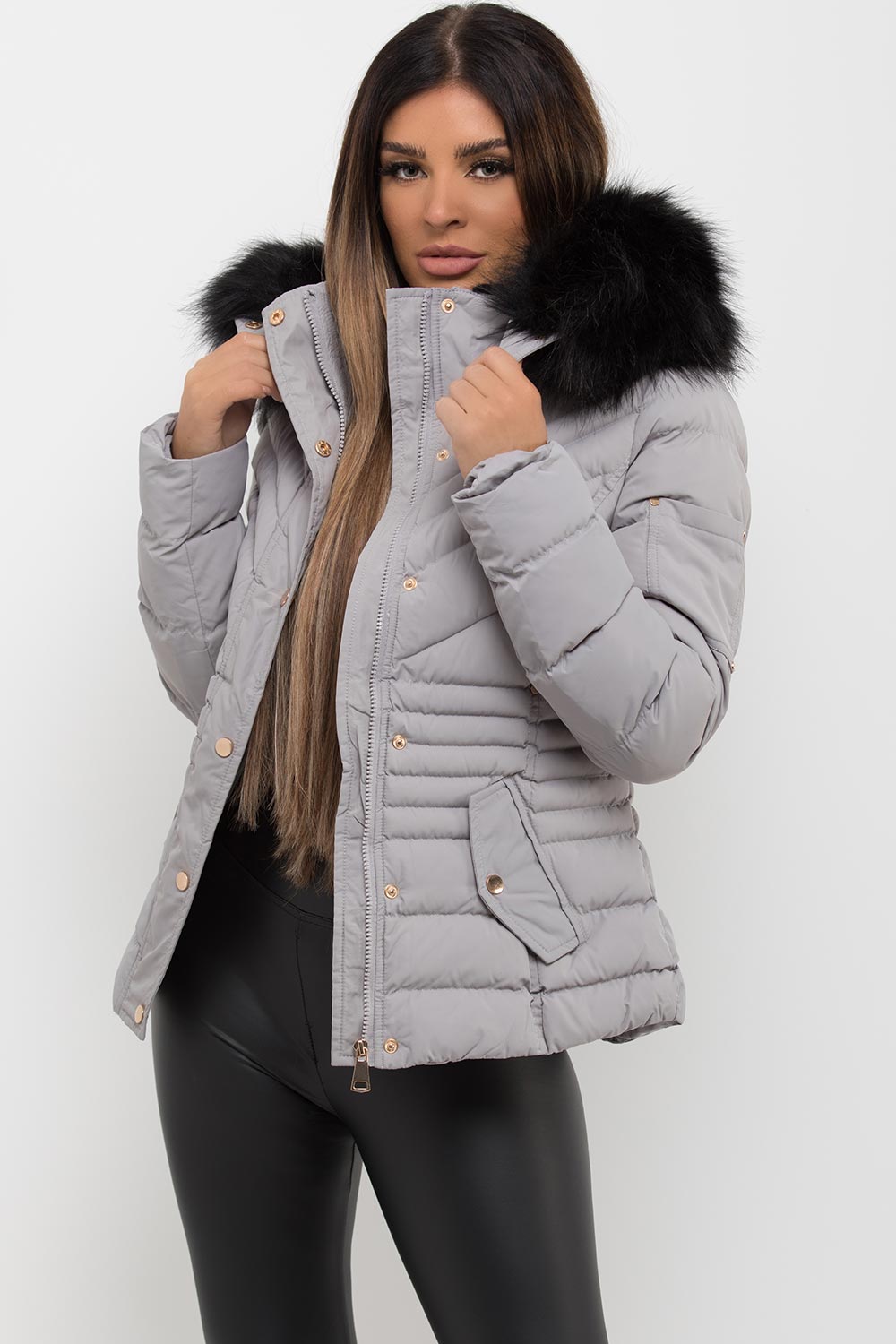 Grey Puffer Coat With Fur Hood