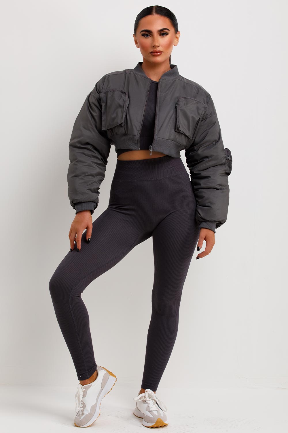 Crop Bomber Jacket With Pockets Grey