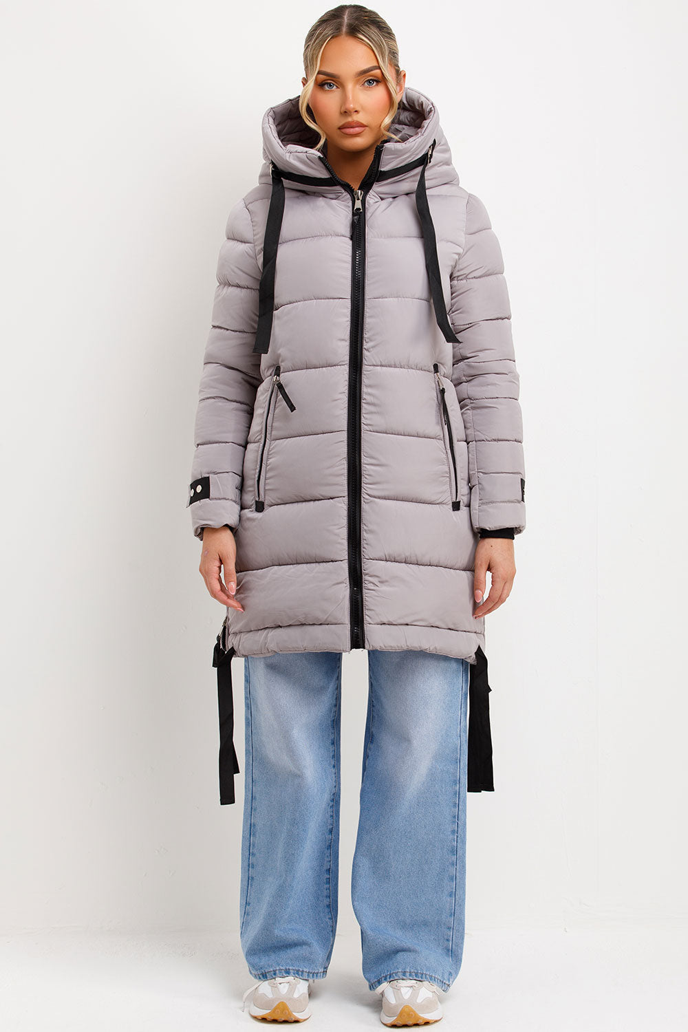 Long Puffer Coat With Hood And Side Straps Grey