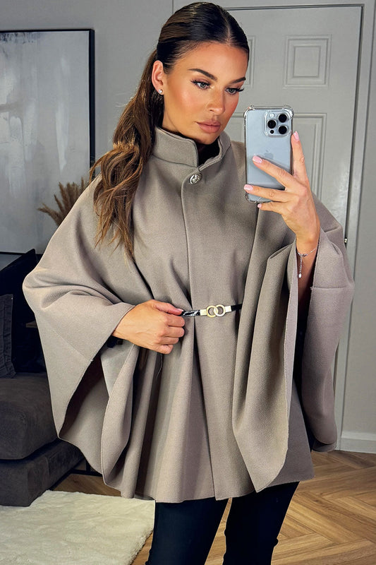 Cape With Belt And Button Mocha Poncho