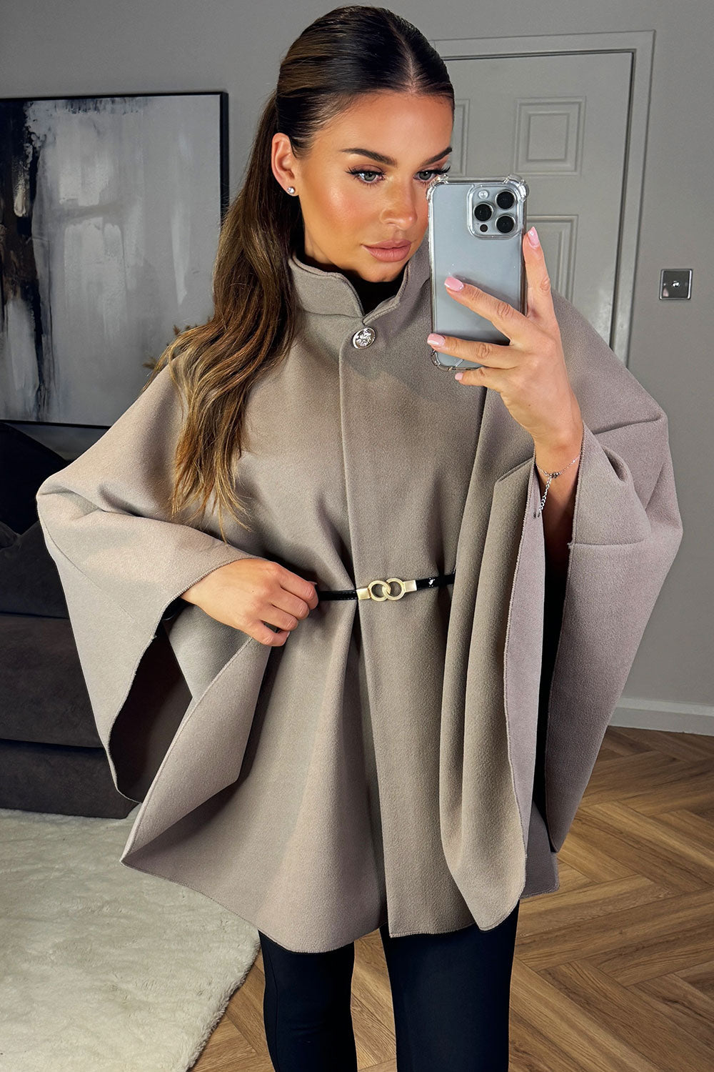 Cape With Belt And Button Mocha Poncho