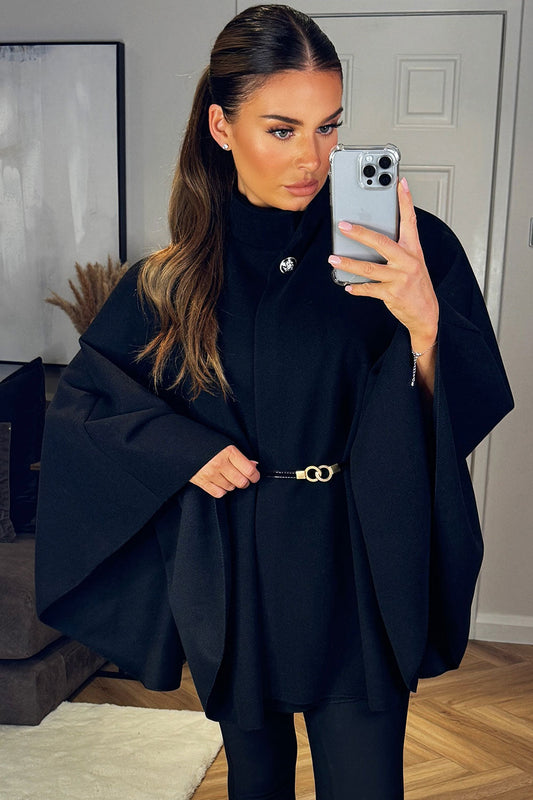 Cape With Belt And Button Black Poncho