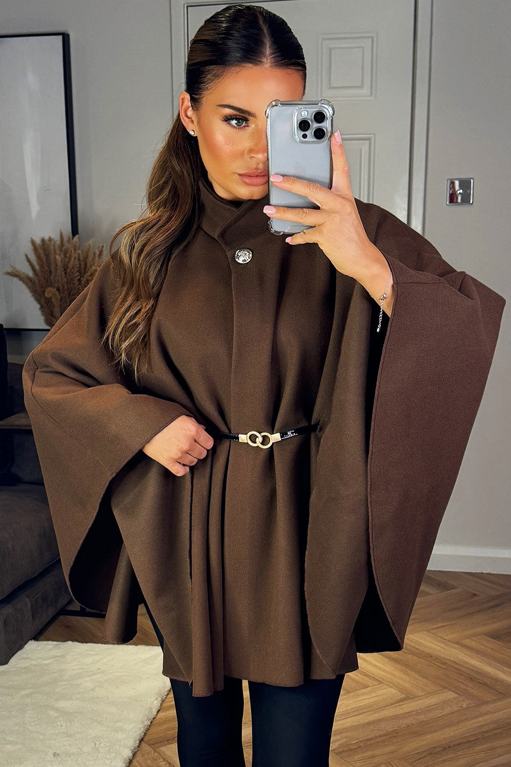 Cape With Belt And Button Brown Poncho