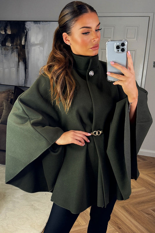 Cape With Belt And Button Khaki Poncho