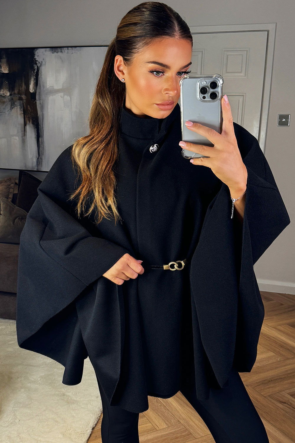 Cape With Belt And Button Black Poncho