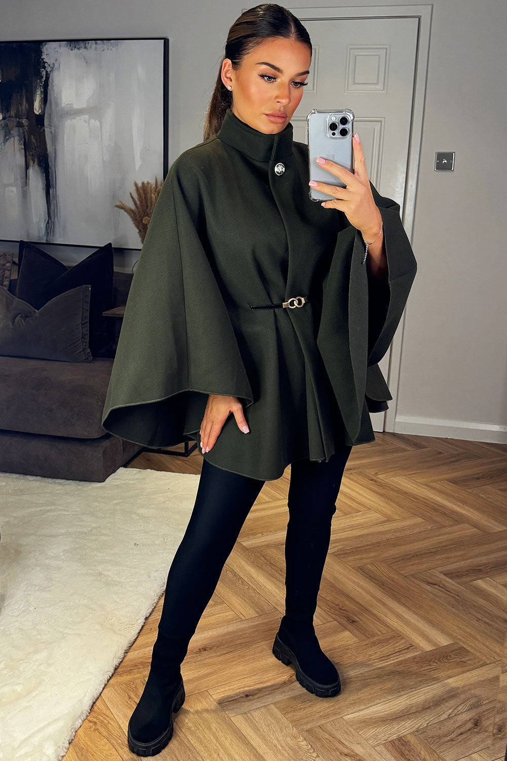 Cape With Belt And Button Khaki Poncho