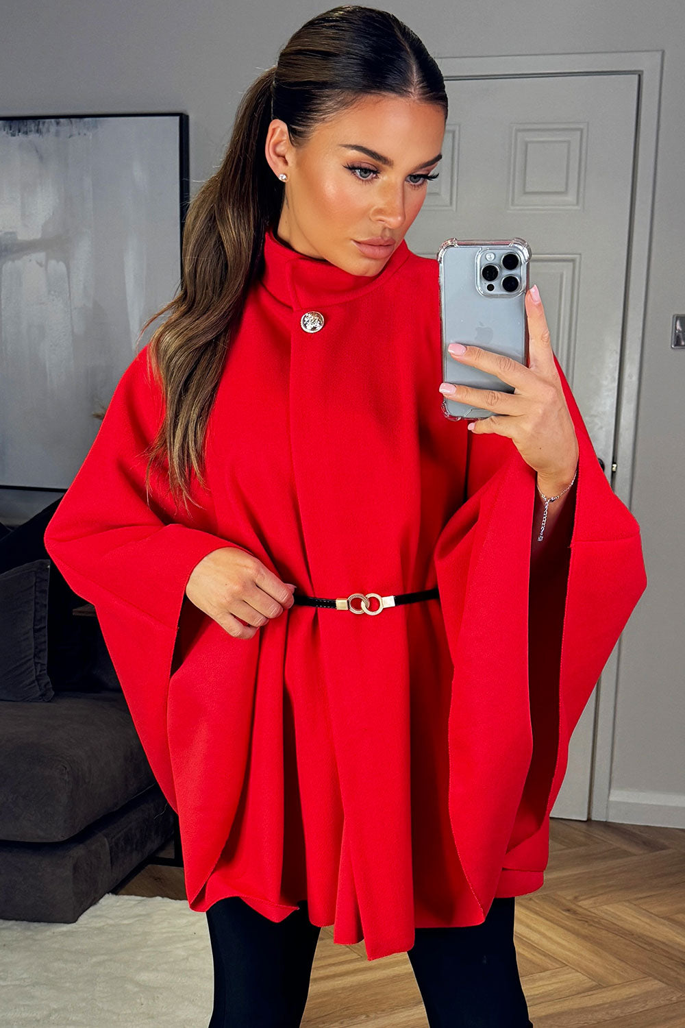 Cape With Belt And Button Red Poncho