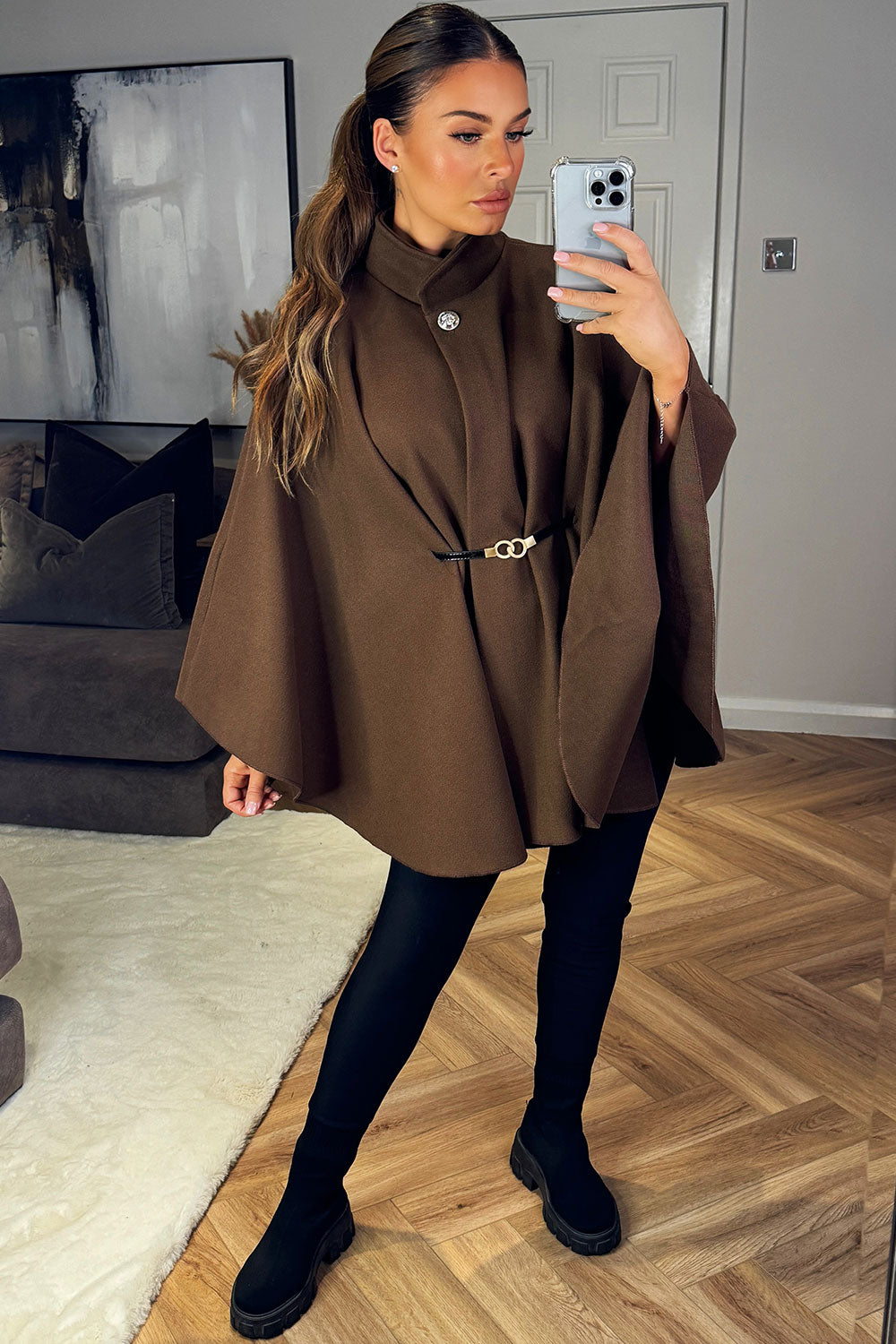 Cape With Belt And Button Brown Poncho