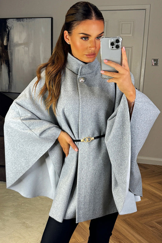 Cape With Belt And Button Grey Poncho