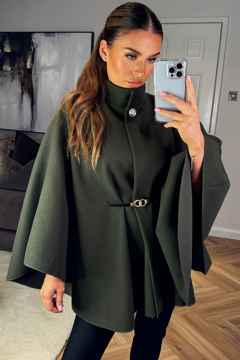 Cape With Belt And Button Khaki Poncho