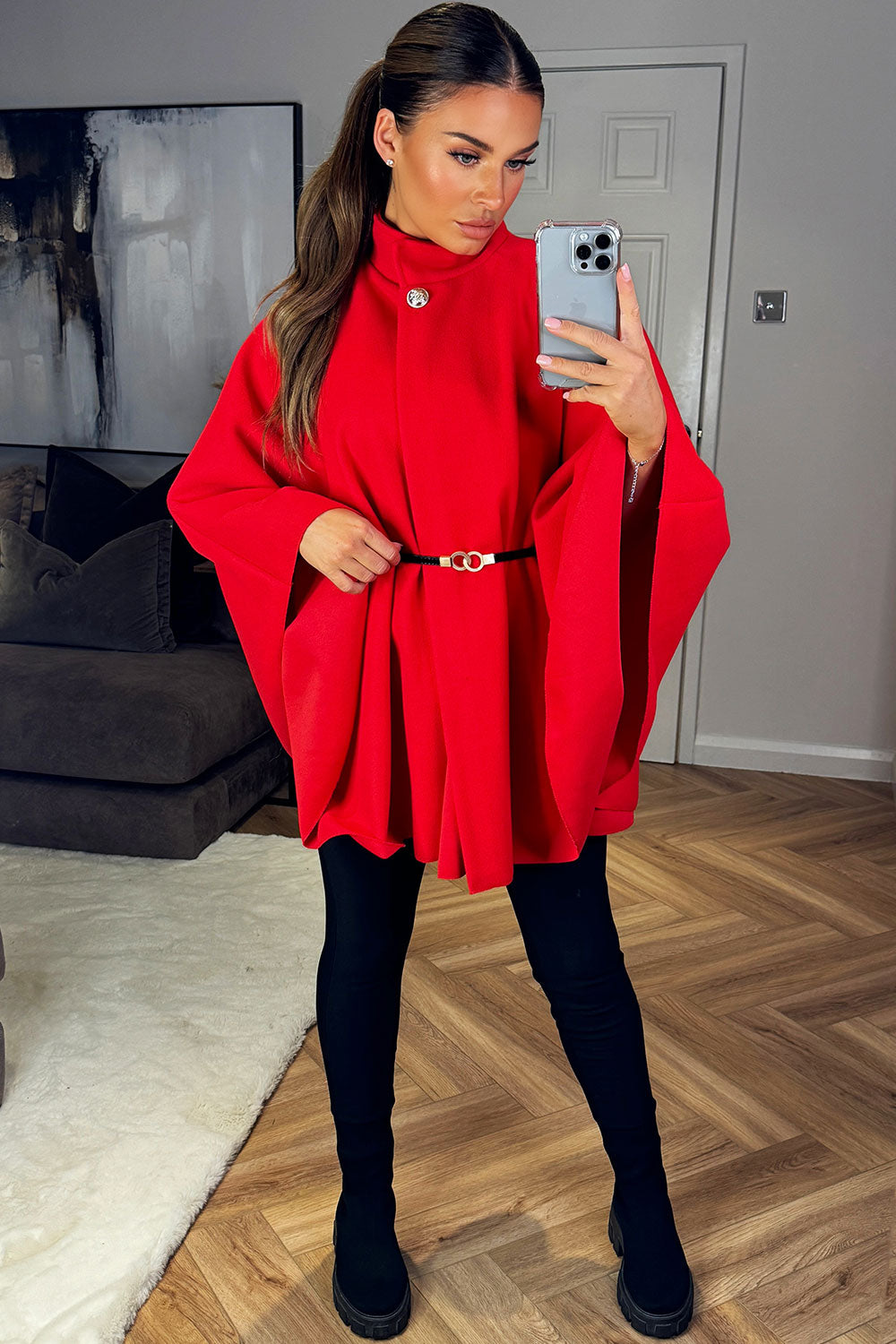 Cape With Belt And Button Red Poncho