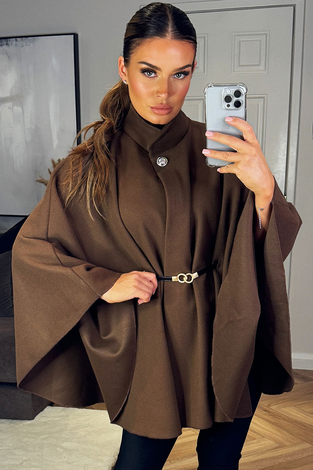 Cape With Belt And Button Brown Poncho