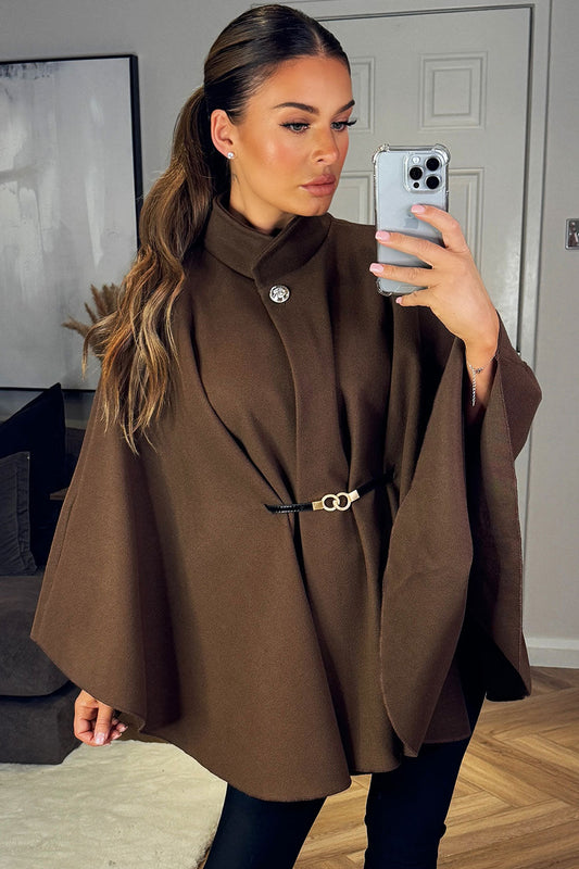 Cape With Belt And Button Brown Poncho