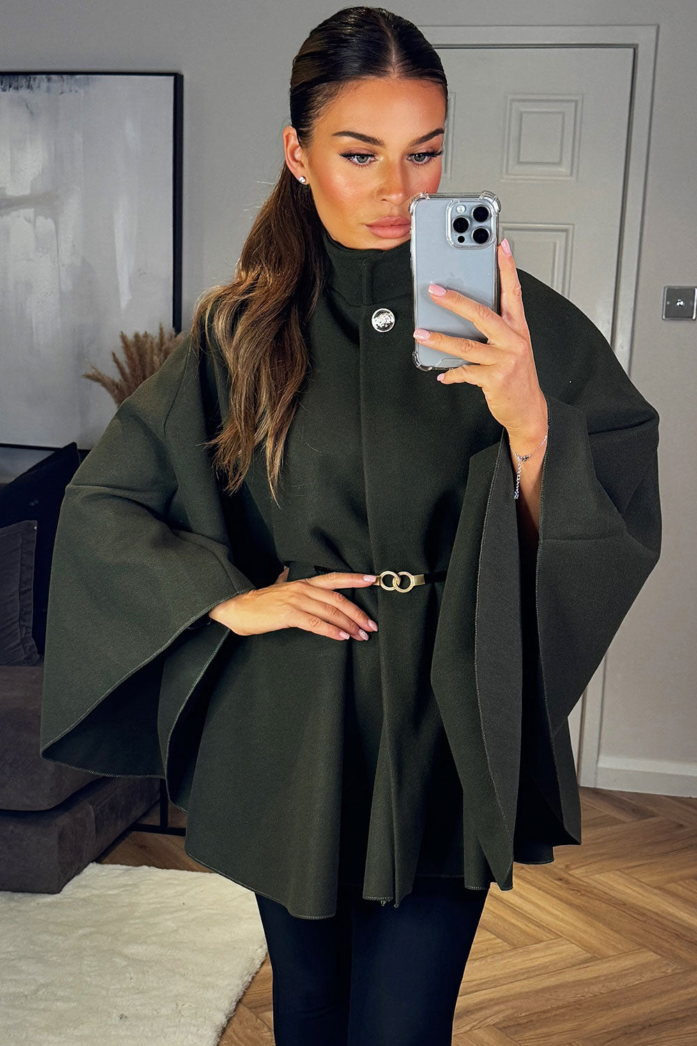 Cape With Belt And Button Khaki Poncho