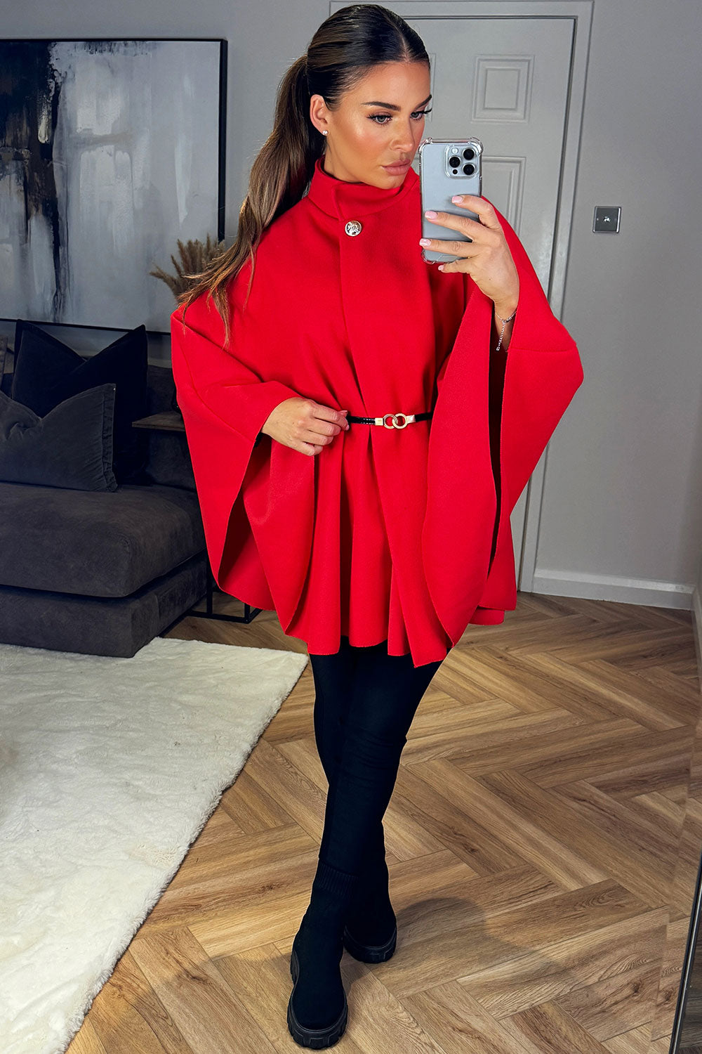 Cape With Belt And Button Red Poncho