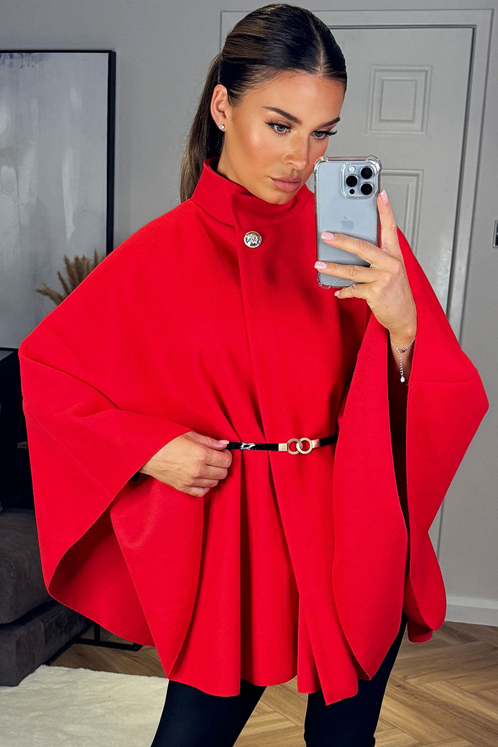 Cape With Belt And Button Red Poncho