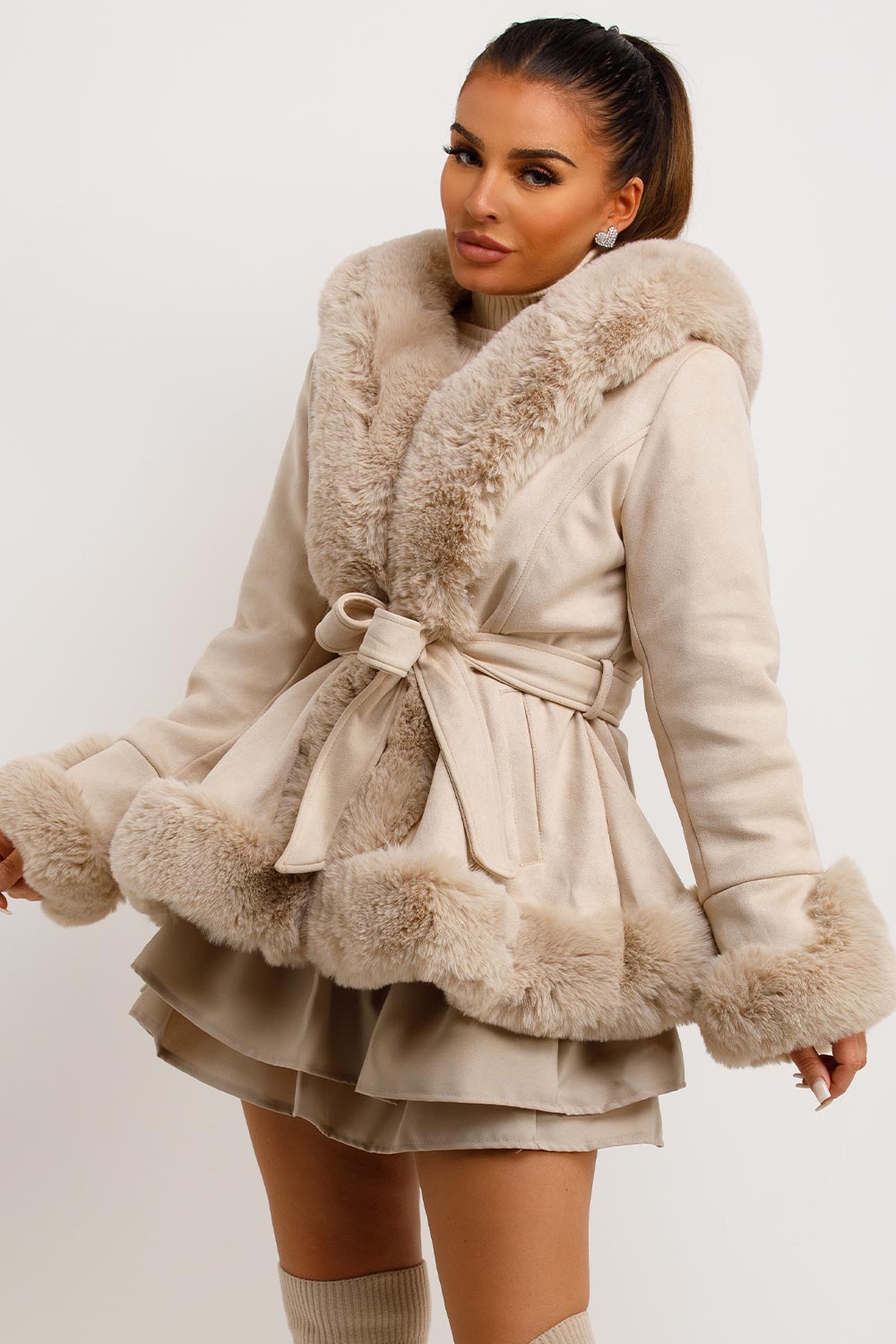 Beige Faux Fur Faux Suede Hooded Belted Coat