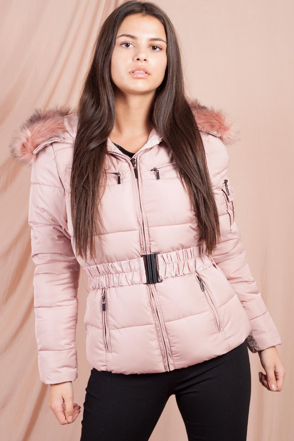 Pink Faux Fur Hooded Puffer Coat With Belt