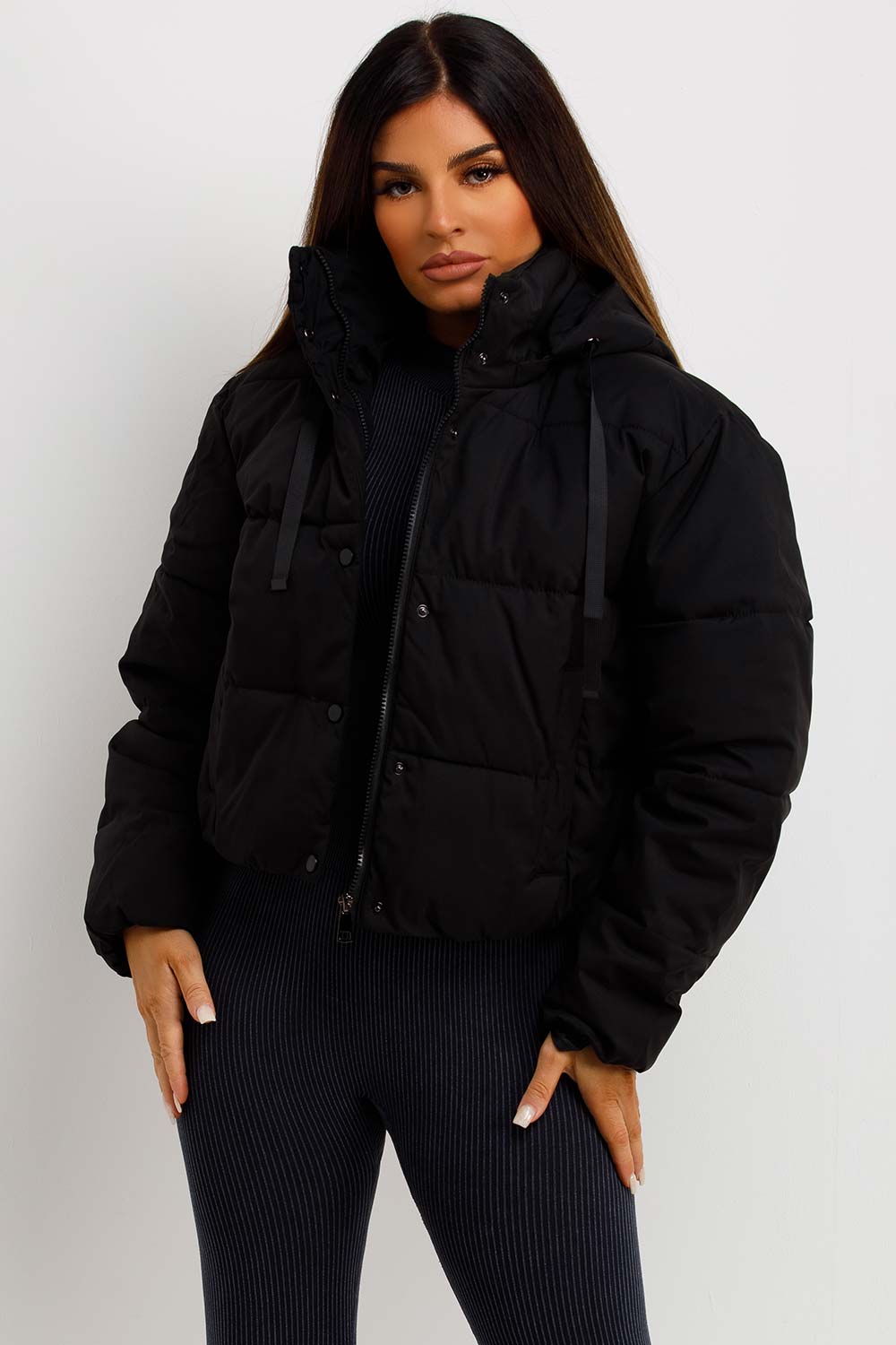 Black Puffer Padded Jacket With Hood