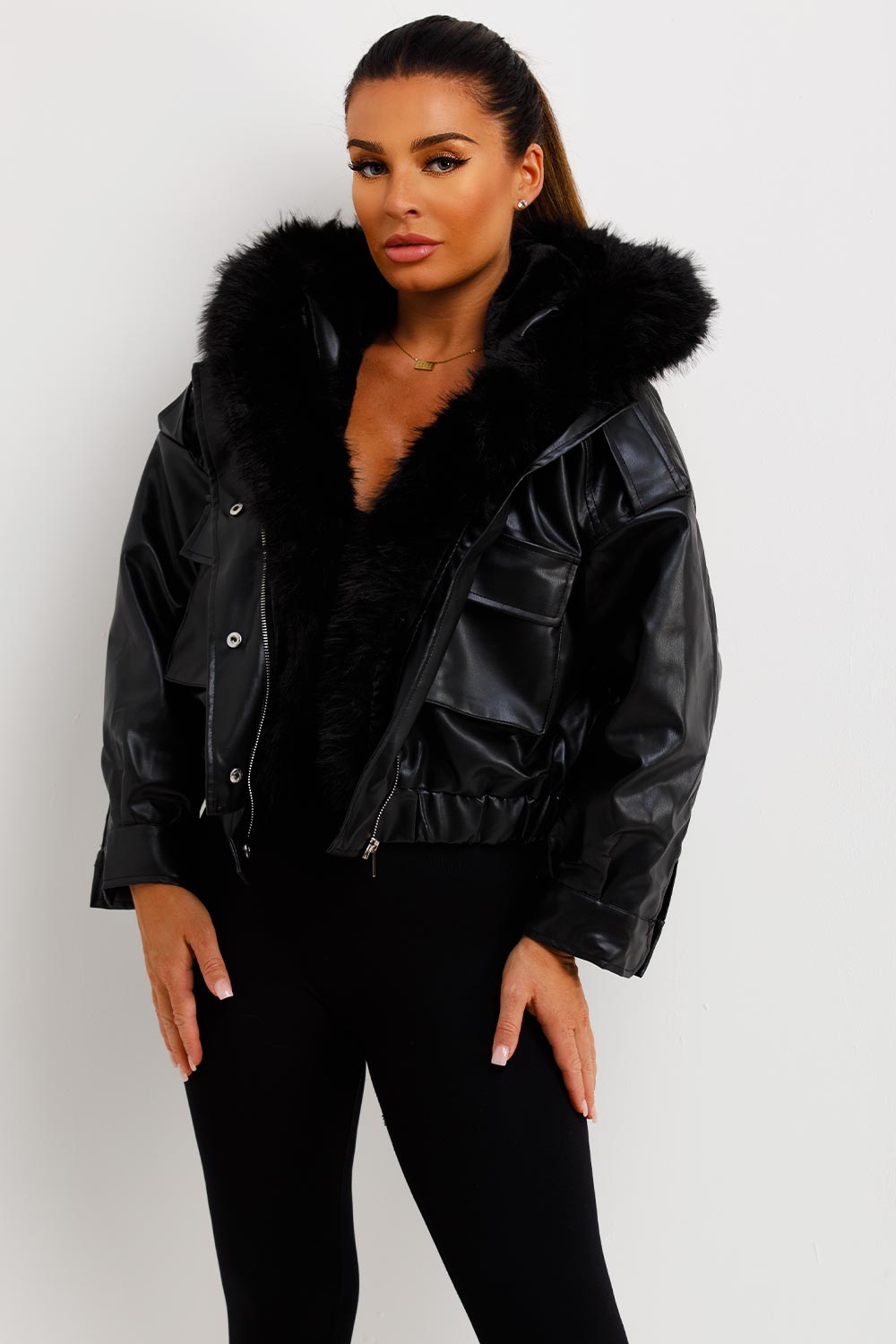 Faux Leather Bomber Jacket With Faux Fur Hood Black