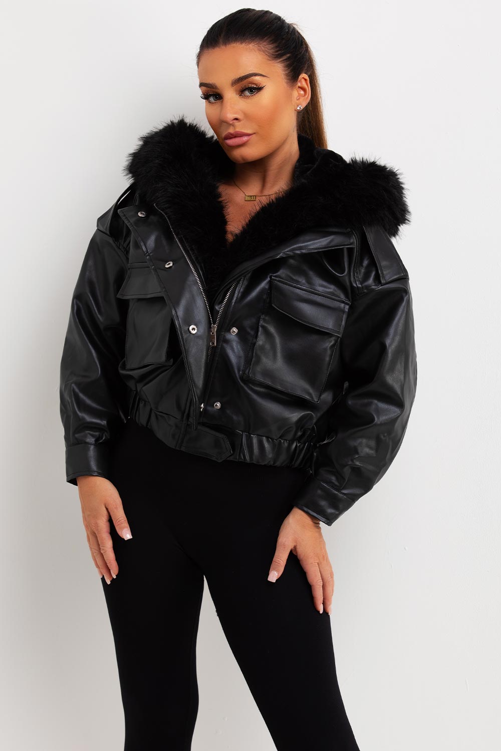 Faux Leather Bomber Jacket With Faux Fur Hood Black