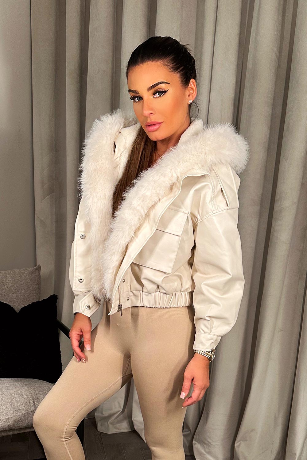 Faux Leather Bomber Jacket With Faux Fur Hood Beige