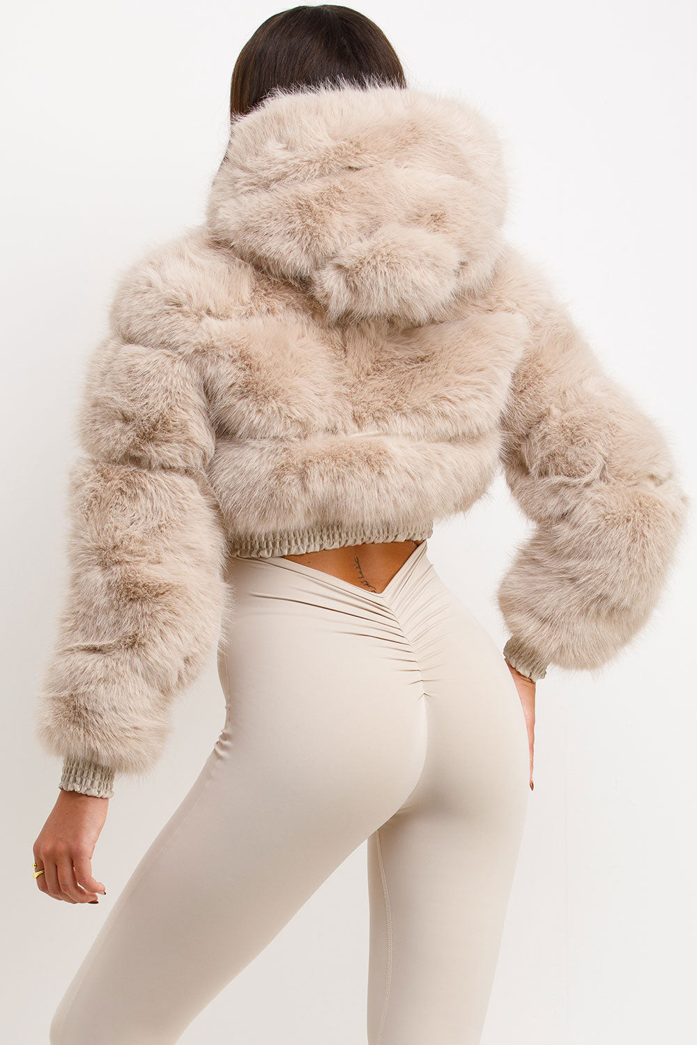 Crop Faux Fur Jacket With Hood Beige