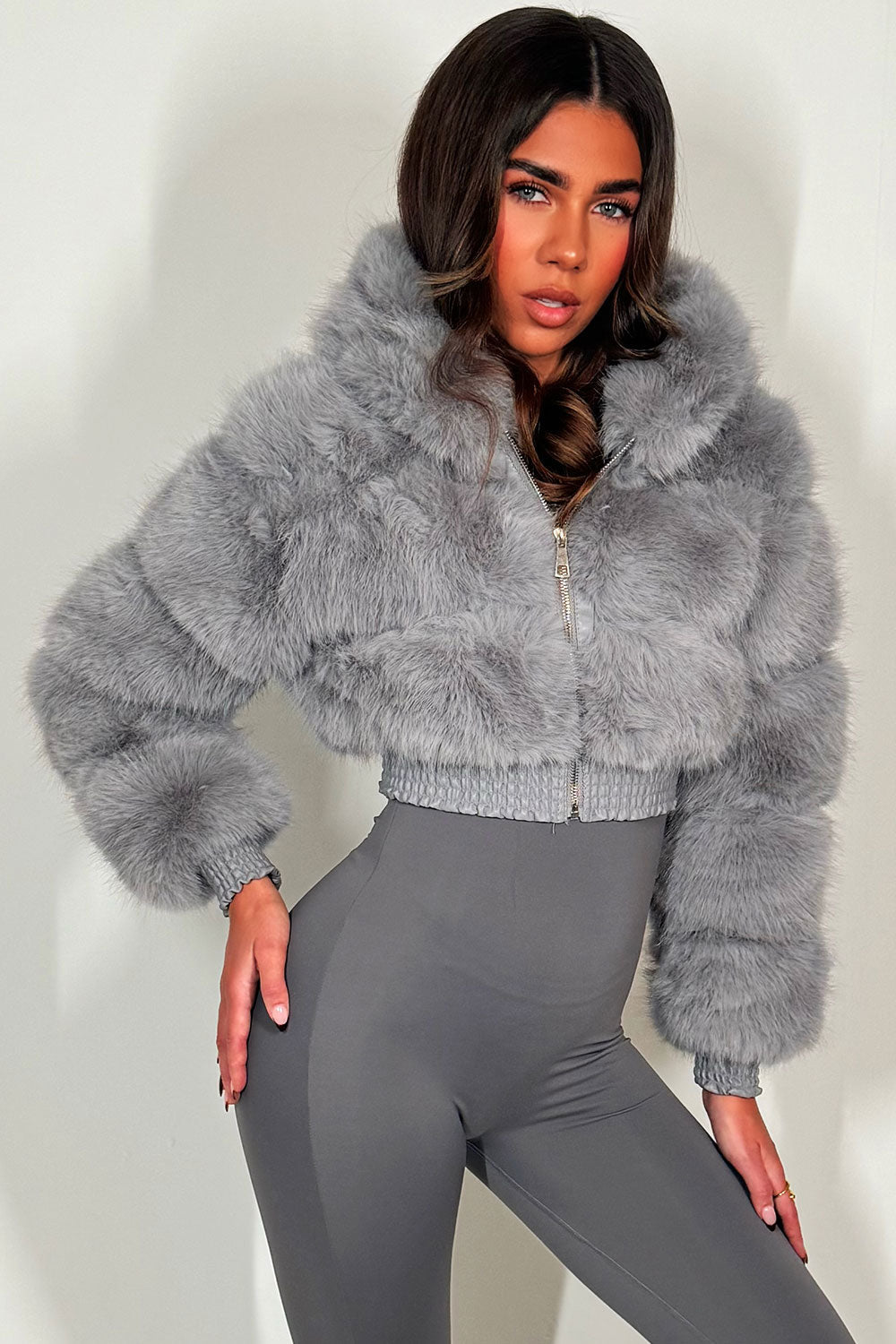 Crop Faux Fur Jacket With Hood Grey