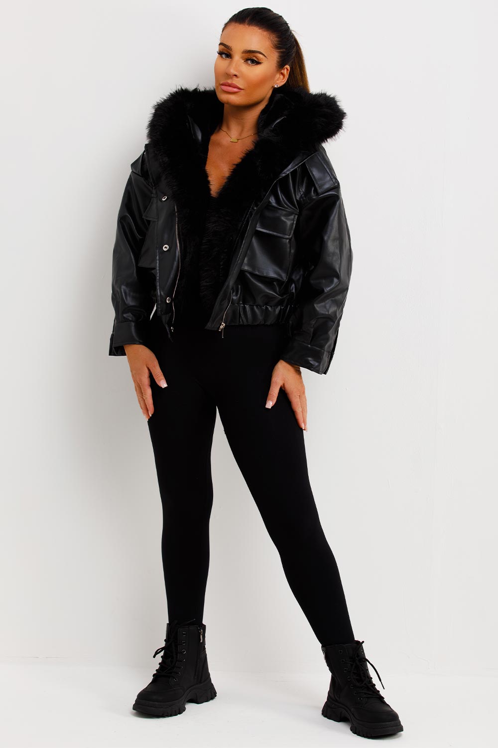 Faux Leather Bomber Jacket With Faux Fur Hood Black