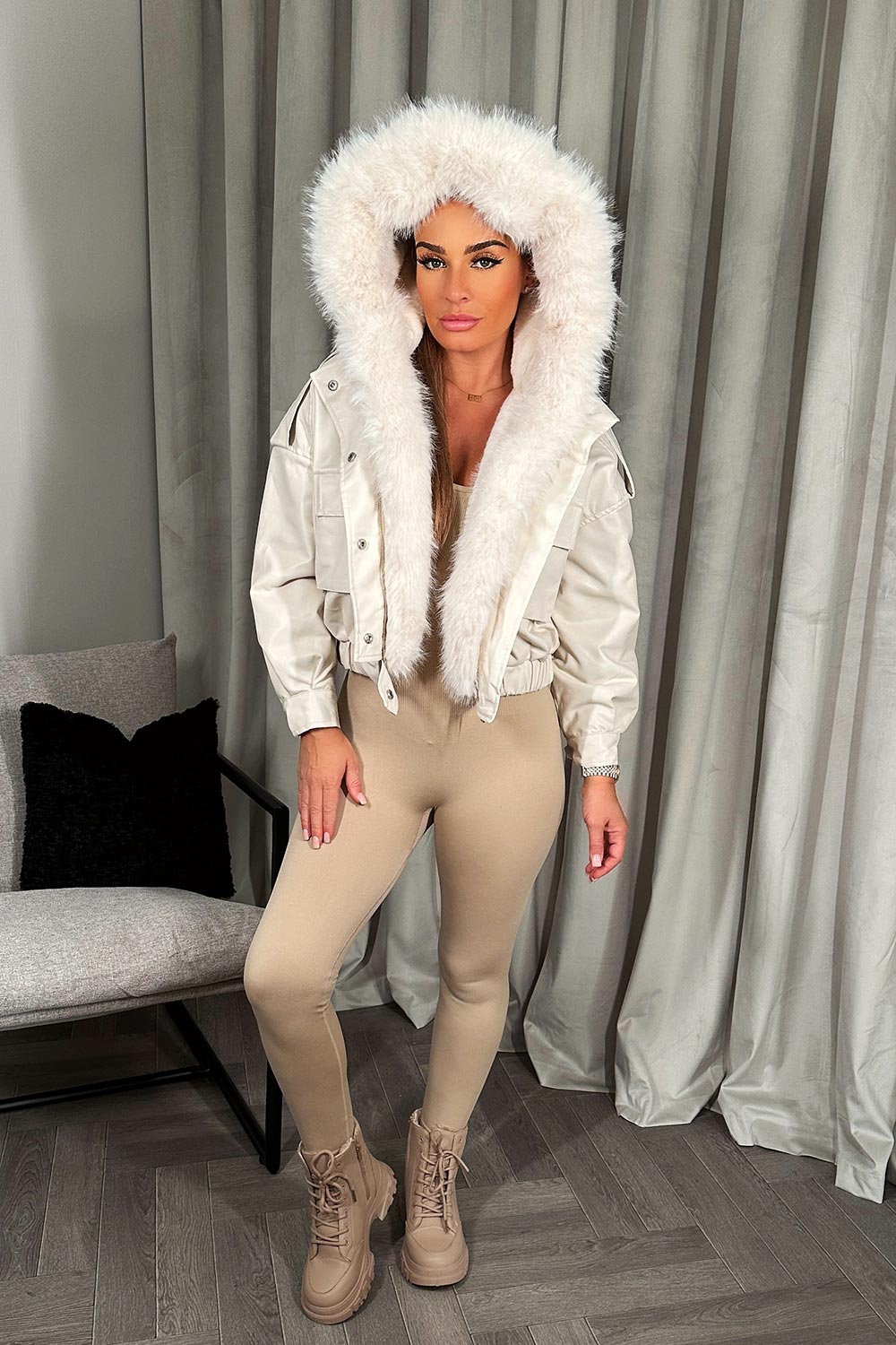 Faux Leather Bomber Jacket With Faux Fur Hood Beige