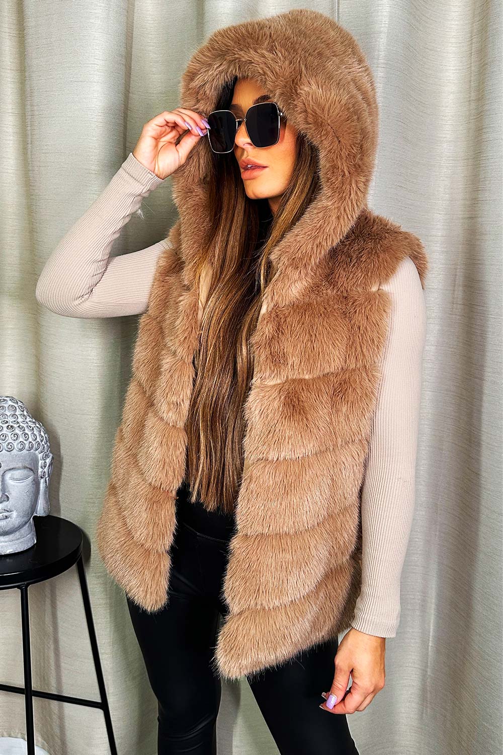 Faux Fur Hooded Gilet Beige