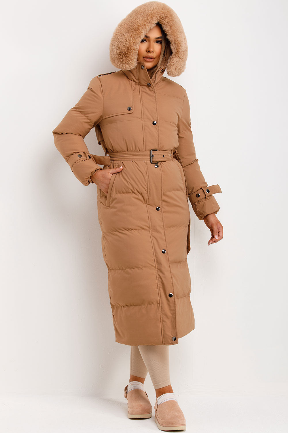 Long Puffer Trench Coat With Belt And Faux Fur Hood Camel